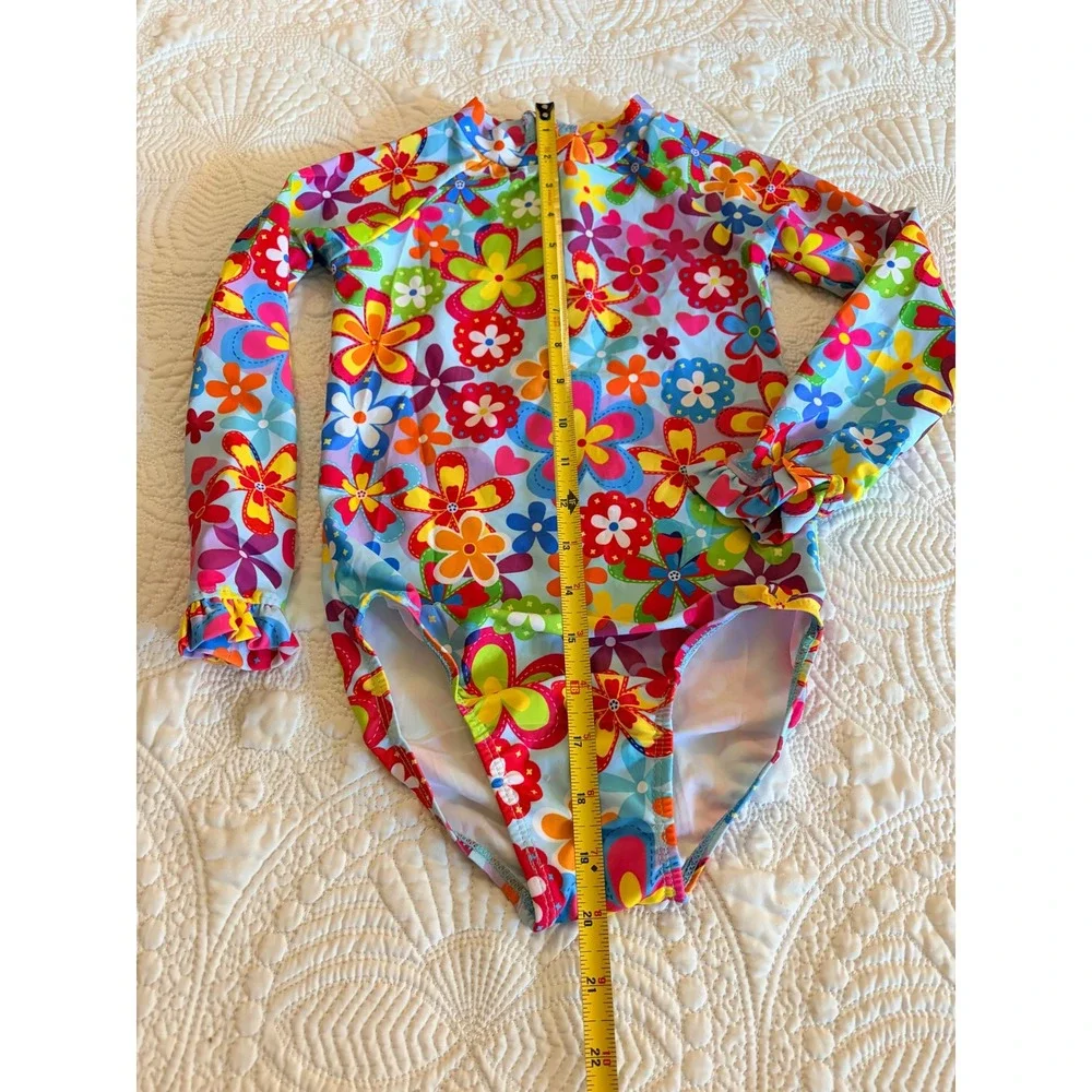 NWOT Little Girl Long Sleeve Colorful Vibrant Floral One-Piece Swimsuit Size 6/7